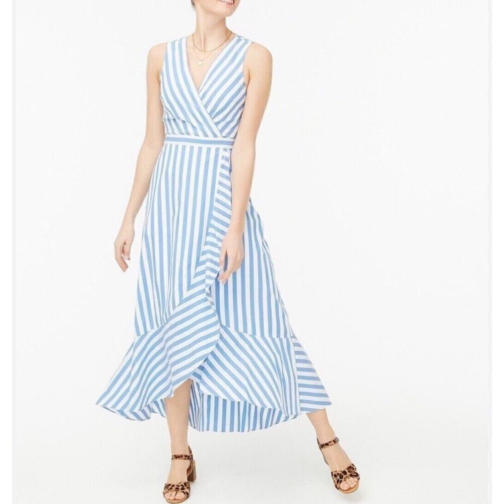 J. Crew Factory Blue and White Striped Midi Wrap Dress